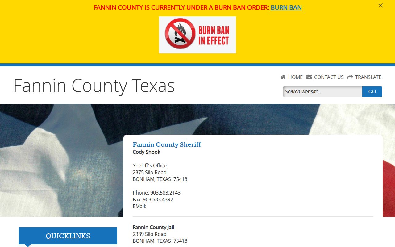 Fannin County jail and sheriff custody record contact page